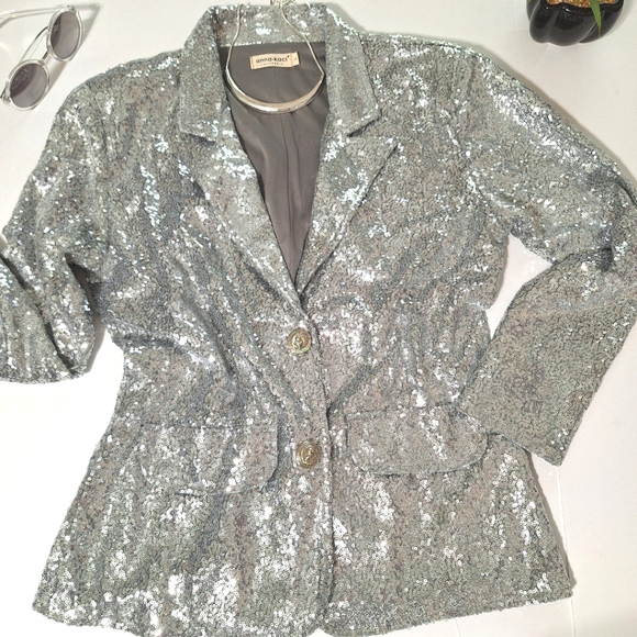 Anna Kaci Silver Sequin Sparkle Shiny Blazer - Picture 3 of 16